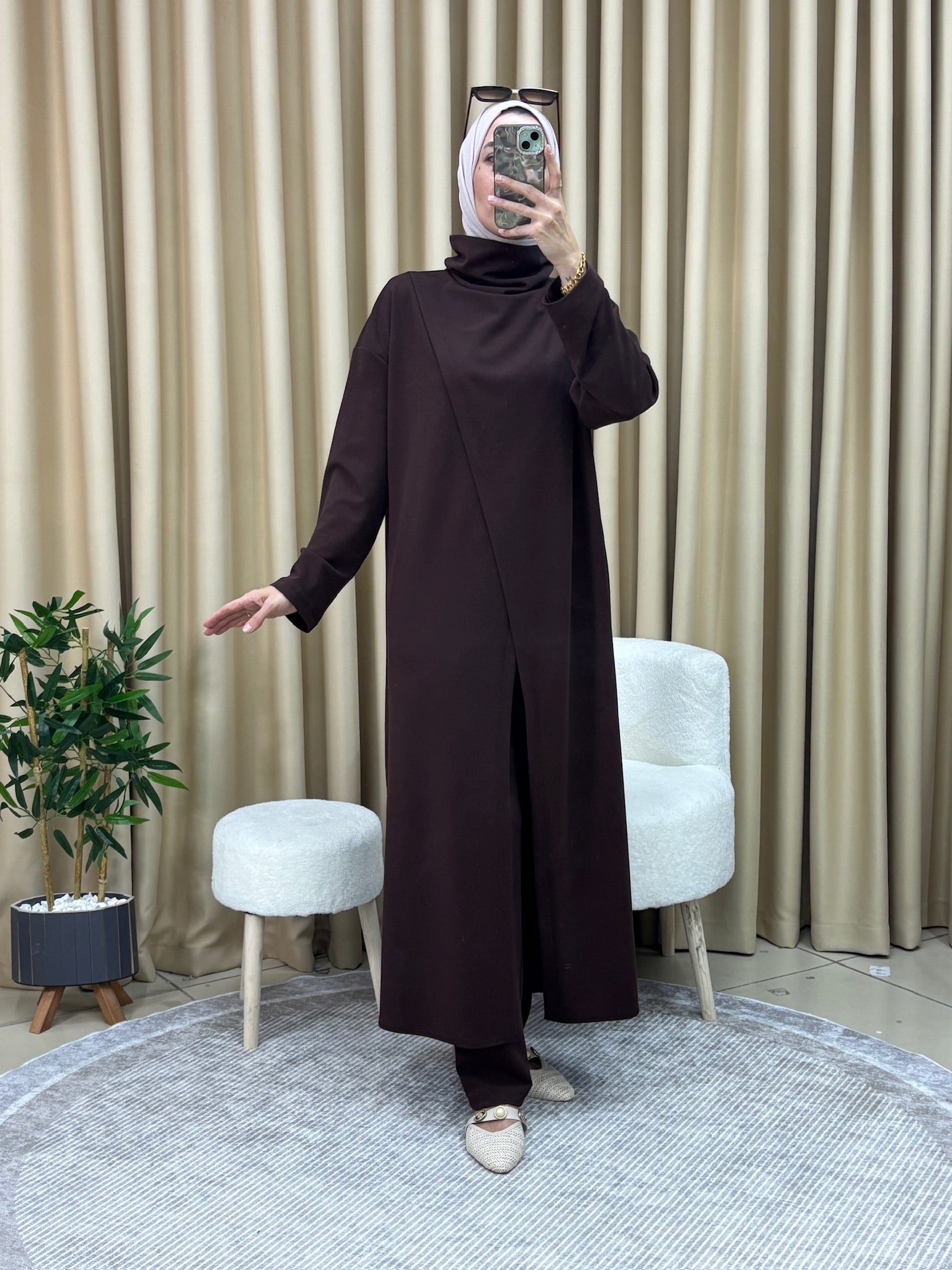 ŞAKAYIK TUNİK PANTOLON TAKIM ACI KAHVE