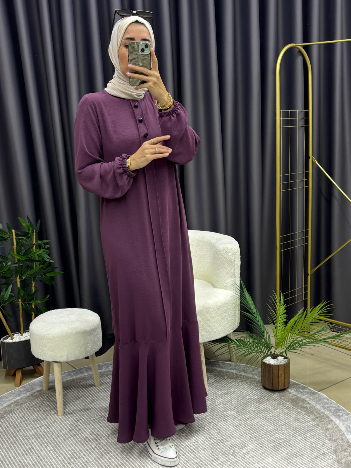 ÜÇ DÜĞMELİ ELBİSE KOYU GÜL KURUSU