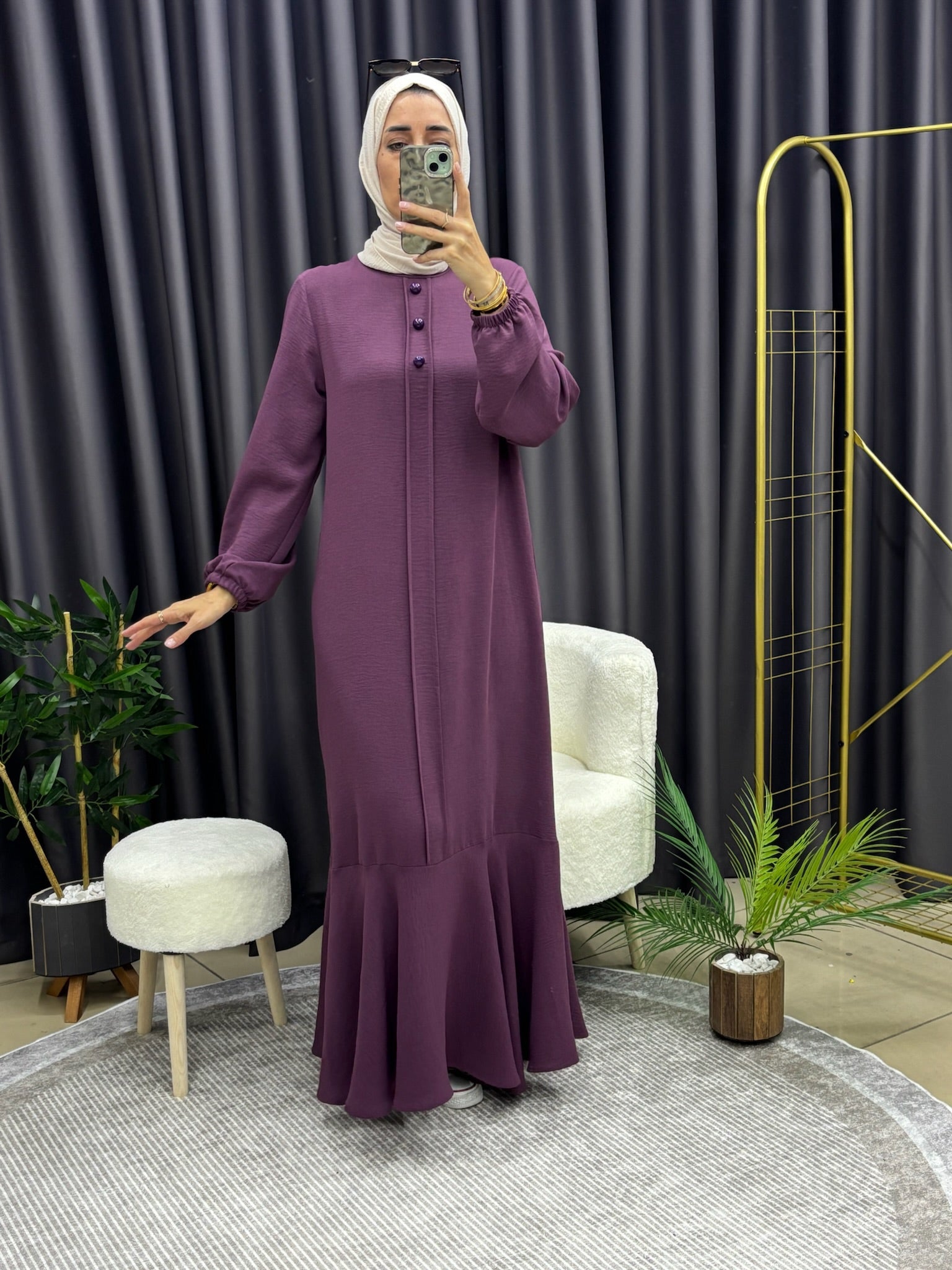 ÜÇ DÜĞMELİ ELBİSE KOYU GÜL KURUSU