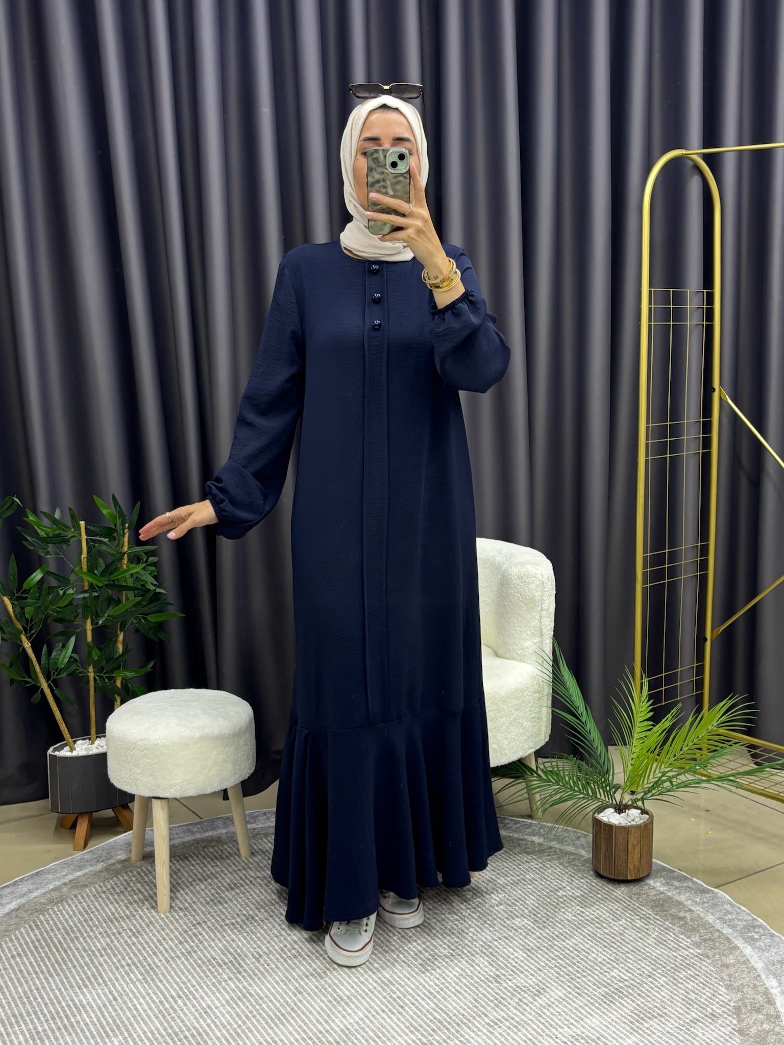 ÜÇ DÜĞMELİ ELBİSE LACİVERT